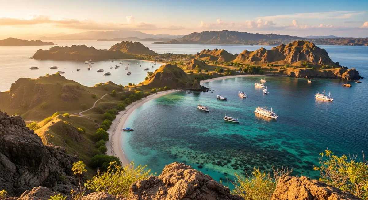 Luxury Liveaboard in Komodo — a dramatic island viewpoint over turquoise bays at golden ho