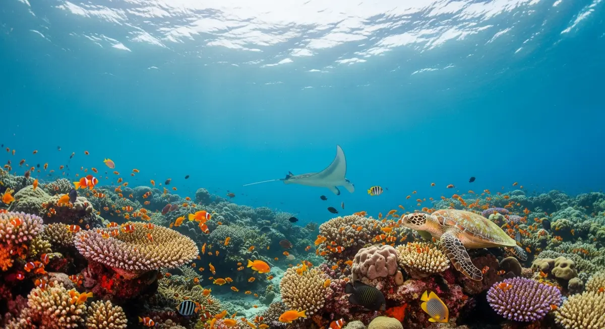 Luxury Liveaboard in Komodo — a vibrant coral reef and marine life in clear blue water